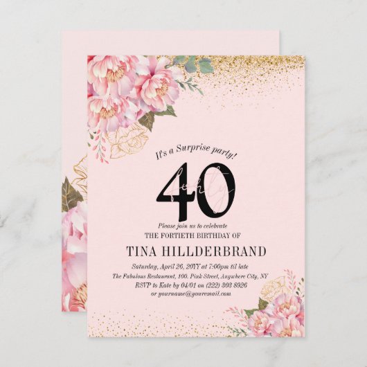 ピンクエレガントフローラ&グリッター40歳の誕生日パーティー 招待状 (正面/裏面)