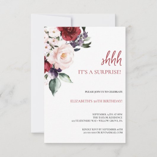 ピンクエレガントフローラ&グリッター50th誕生日パーティー 招待状 (正面)