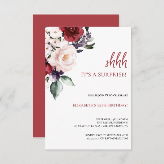 ピンクエレガントフローラ&グリッター50th誕生日パーティー 招待状 (正面/裏面)