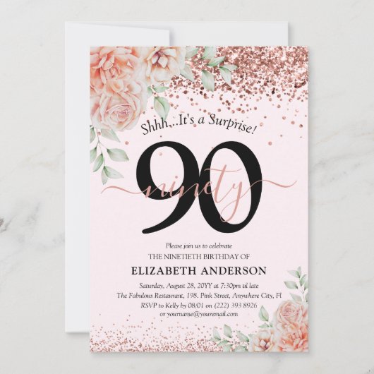 ピンクエレガントフローラ&グリッター90th誕生日パーティー 招待状 (正面)