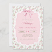 ピンクエレガントフローラ&ボーガール誕生日 招待状 (正面)