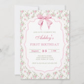 ピンクエレガントフローラ&ボーガール誕生日 招待状 (正面)