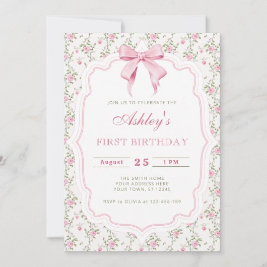 ピンクエレガントフローラ&ボーガール誕生日 招待状 (正面)