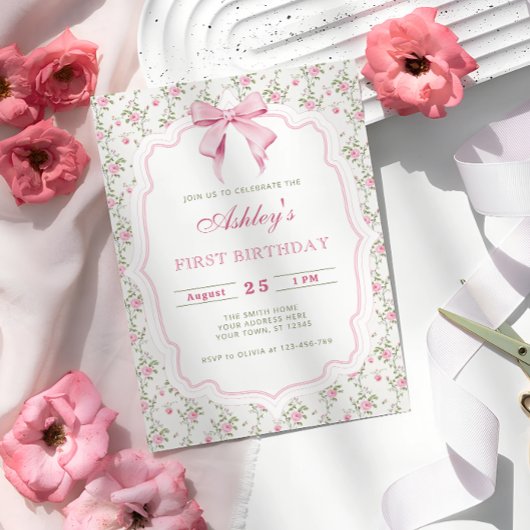ピンクエレガントフローラ&ボーガール誕生日 招待状