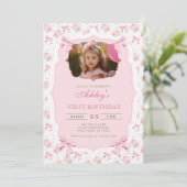 ピンクエレガントフローラ&ボーガール誕生日 招待状 (スタンド正面)