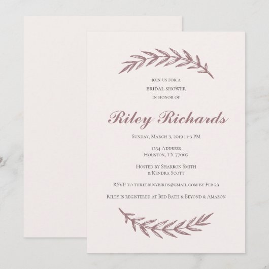 ピンクエレガントブライダルシャワー招待状 招待状 (正面/裏面)