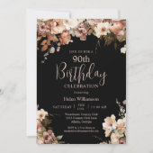 ピンクエレガントブラックウォーターフローラ90誕生日 招待状 (正面)