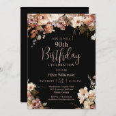 ピンクエレガントブラックウォーターフローラ90誕生日 招待状 (正面/裏面)