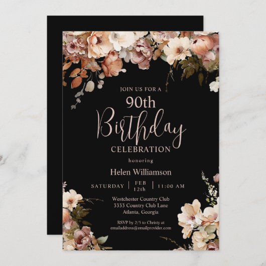 ピンクエレガントブラックウォーターフローラ90誕生日 招待状 (正面/裏面)