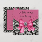 ピンクエレガントブラックダマスクプリンセスベビーシャワー 招待状 (正面/裏面)