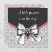 ピンクエレガントブラックダマスクプリンセスベビーシャワー 招待状 (正面/裏面)