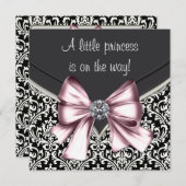 ピンクエレガントブラックダマスクベビーシャワー 招待状 (正面/裏面)