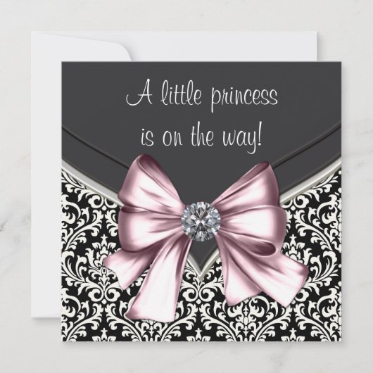 ピンクエレガントブラックダマスクベビーシャワー 招待状 (正面)