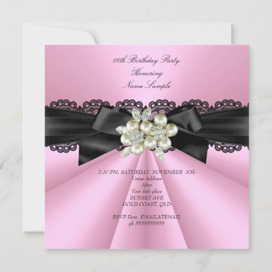 ピンクエレガントブラックパールジュエルバースデーパーティー 招待状 (裏面)