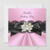 ピンクエレガントブラックパールジュエルバースデーパーティー 招待状 (正面)