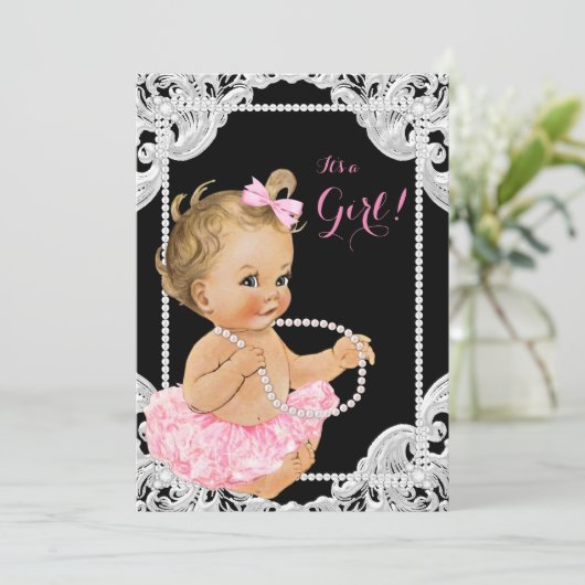 ピンクエレガントブラックパールベビーガールシャワー 招待状 (スタンド正面)