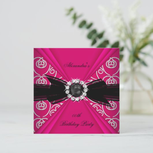ピンクエレガントブラックパールボウ誕生日パーティー 招待状 (スタンド正面)