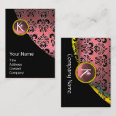ピンクエレガントブラック金ゴールドダマスク宝石モノグラム 名刺 (正面/裏面)