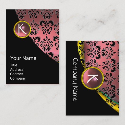 ピンクエレガントブラック金ゴールドダマスク宝石モノグラム 名刺 (正面/裏面)