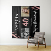 ピンクエレガントブラック40th誕生日2フォトバックグラウンド タペストリー (インサイチュ)