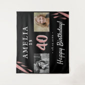 ピンクエレガントブラック40th誕生日2フォトバックグラウンド タペストリー (正面)