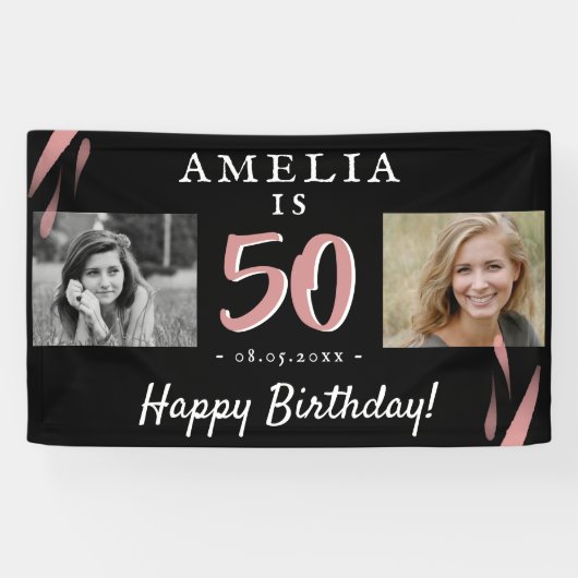 ピンクエレガントブラック50誕生日2フォトバックグラウンド 横断幕 (横)