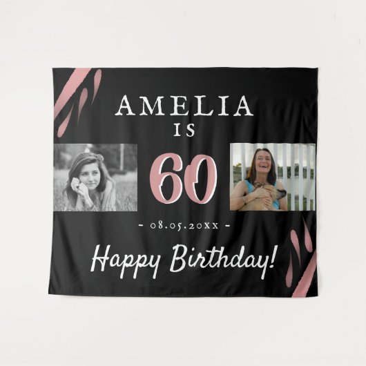 ピンクエレガントブラック60誕生日2フォトバックグラウンド タペストリー (正面(横))