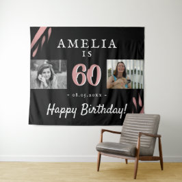 ピンクエレガントブラック60誕生日2フォトバックグラウンド タペストリー