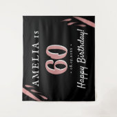 ピンクエレガントブラック60thバースデーパーティーの背景 タペストリー (正面)