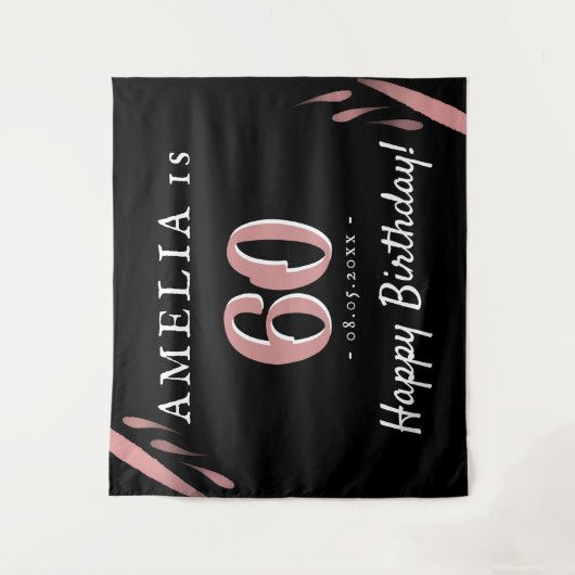 ピンクエレガントブラック60thバースデーパーティーの背景 タペストリー (正面)