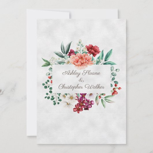 ピンクエレガントブルゴーニュフローラ結婚ズ 招待状 (裏面)