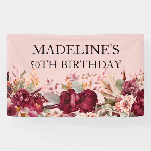 ピンクエレガントブルゴーニュフローラ50誕生日 横断幕 (横)