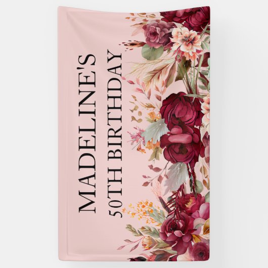 ピンクエレガントブルゴーニュフローラ50誕生日 横断幕 (縦)