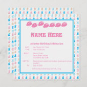 ピンクエレガントブルーのおもしろいモノグラムの文字パターン 招待状 (正面/裏面)