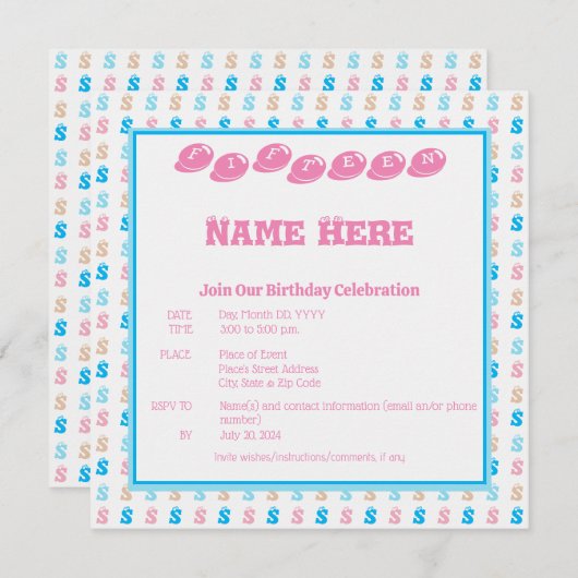 ピンクエレガントブルーのおもしろいモノグラムの文字パターン 招待状 (正面/裏面)