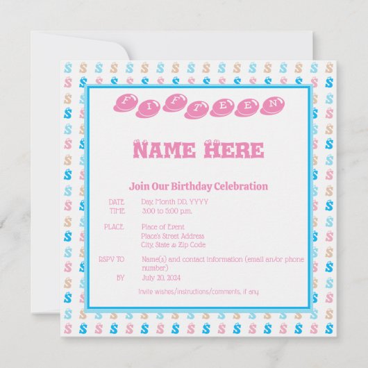 ピンクエレガントブルーのおもしろいモノグラムの文字パターン 招待状 (正面)