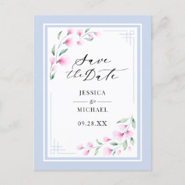 ピンクエレガントブルーの水色フローラ保存日付 インビテーションポストカード