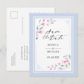 ピンクエレガントブルーの水色フローラ保存日付 インビテーションポストカード (正面/裏面)