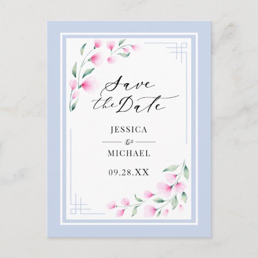 ピンクエレガントブルーの水色フローラ保存日付 インビテーションポストカード (正面)