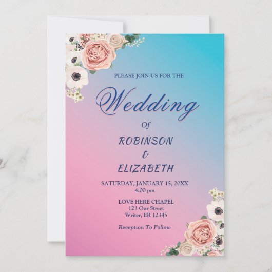ピンクエレガントブルーウォーターカラーフローラ結婚ーズカスタム 招待状 (正面)