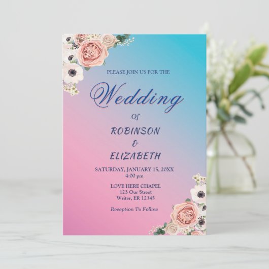 ピンクエレガントブルーウォーターカラーフローラ結婚ーズカスタム 招待状 (スタンド正面)