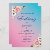 ピンクエレガントブルーウォーターカラーフローラ結婚ーズカスタム 招待状 (正面/裏面)