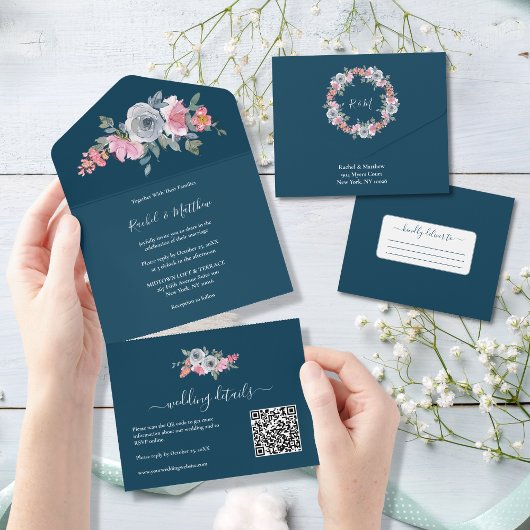 ピンクエレガントブルーウォーターフローラ結婚ズ オールインワン招待状