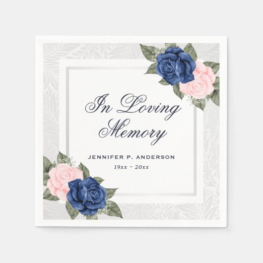 ピンクエレガントブルーシルバーフローラ追悼式 スタンダードカクテルナプキン (正面)