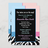 ピンクエレガントブルーゼブラボーイ/少女双子のベビーシャワー 招待状 (正面/裏面)