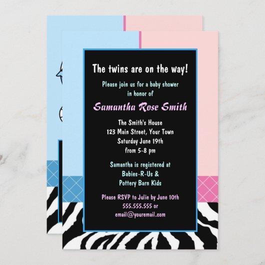 ピンクエレガントブルーゼブラボーイ/少女双子のベビーシャワー 招待状 (正面/裏面)