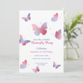 ピンクエレガントブルーバタフライ第1誕生日 招待状 (スタンド正面)
