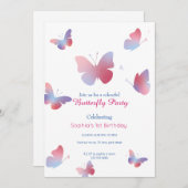 ピンクエレガントブルーバタフライ第1誕生日 招待状 (正面/裏面)