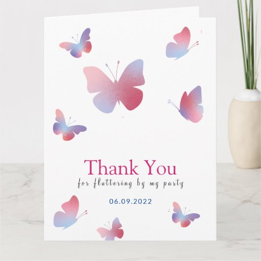 ピンクエレガントブルーバタフライ誕生日 サンキューカード (正面)