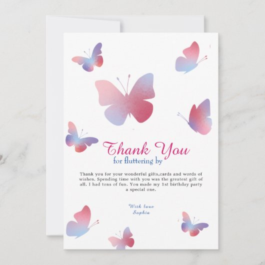 ピンクエレガントブルーバタフライ誕生日 サンキューカード (正面)
